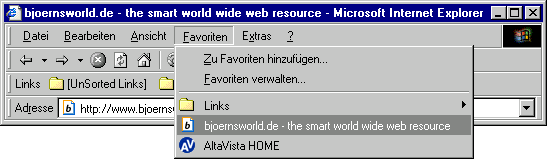 [Screenshot: Der IE5 mit geöffneter Favoritenliste die den Eintrag von bjoernsworld.de mitsamt favicon.ico anzeigt]